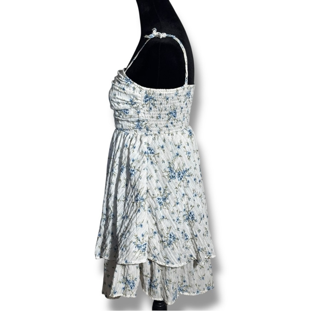Unbranded White and Blue Floral Layered Tie Straps Empire Waist Babydoll Dress - Picture 6 of 16